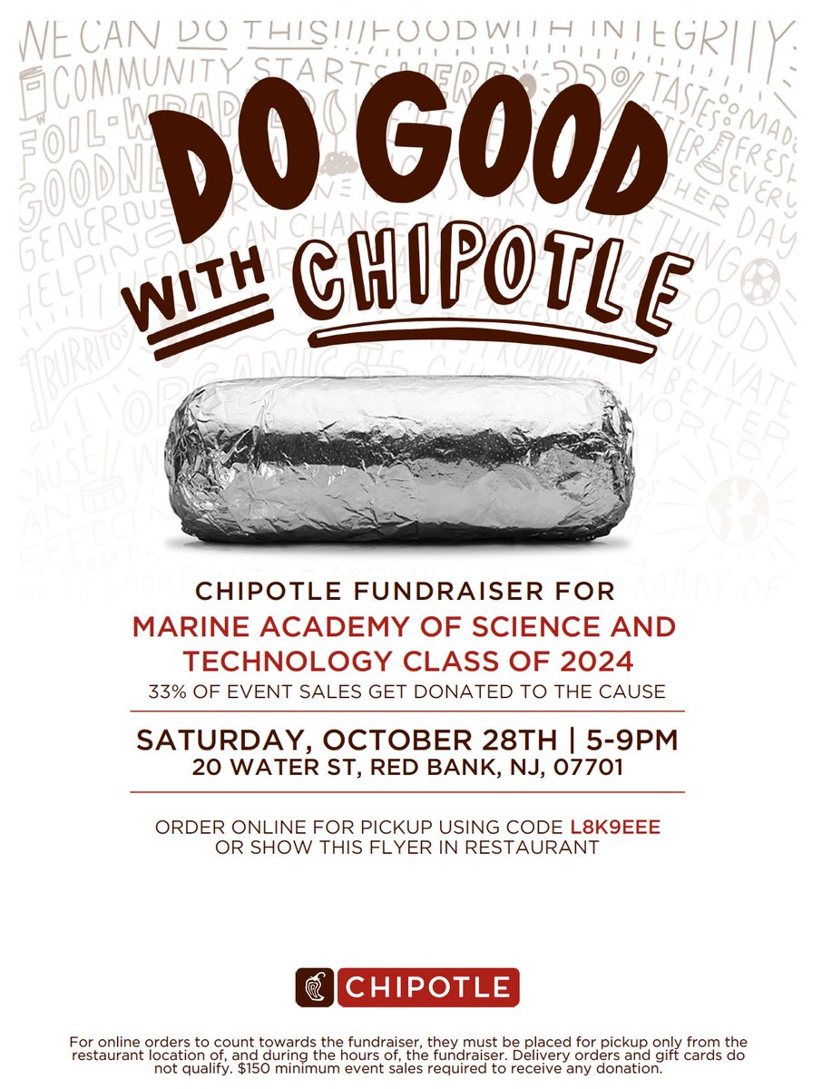 MAST_SandyHook's tweet image. MAST class of 2024 Chipotle fundraiser, Sat, 28 Oct, in Red Bank from 5-9. Present the attached flyer at the time of ordering, show it on your phone, or tell the cashier you're with MAST! Or... order online using the code L8K9EEE.
