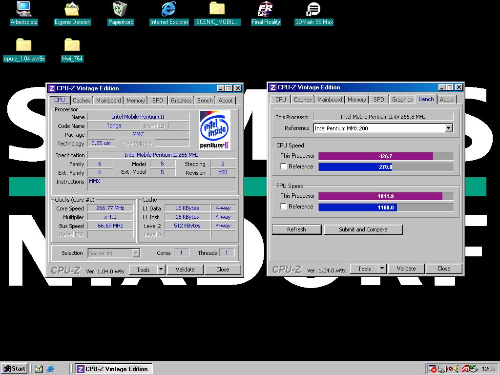 Loeschzwerg_3DC's tweet photo. Final Reality, 3DMark99 and CPU-Z results of the Scenic Mobile 800. The systems overall works fine, but the HDD is slow.
#siemens #3dmark #finalreality #ati #rage #intel #pentium2 #retro https://t.co/xS7mjwpaJ3