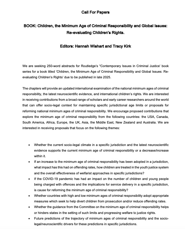 Wishy2307's tweet photo. Call for Book Contributors for @TracyKirk01 and I's new project titiled Children, the Minimum Age of Criminal Responsibility and Global Issues: Re-evaluating Children’s Rights. Details below. Closing date for abstracts 15th of December. Please reshare. https://t.co/JVbtzWSF4m