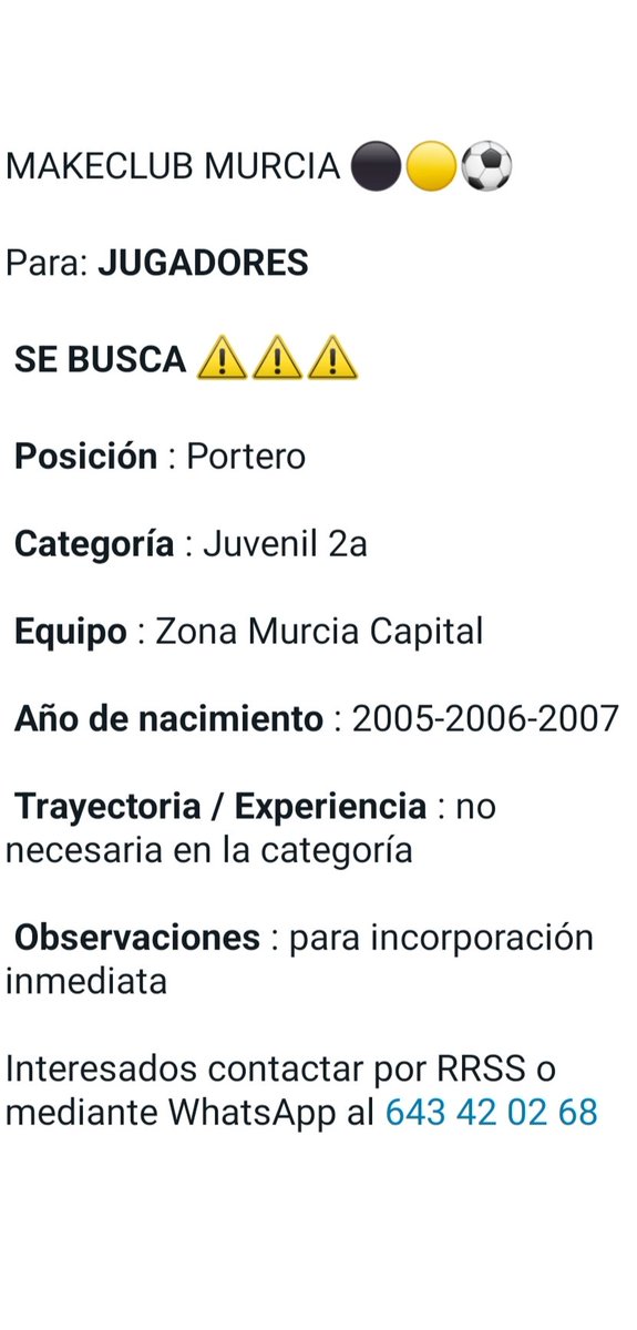 SE BUSCA 🚨🚨🚨
PORTERO 05-06-07
🟡⚫⚽
Interesados MD y WhatsApp