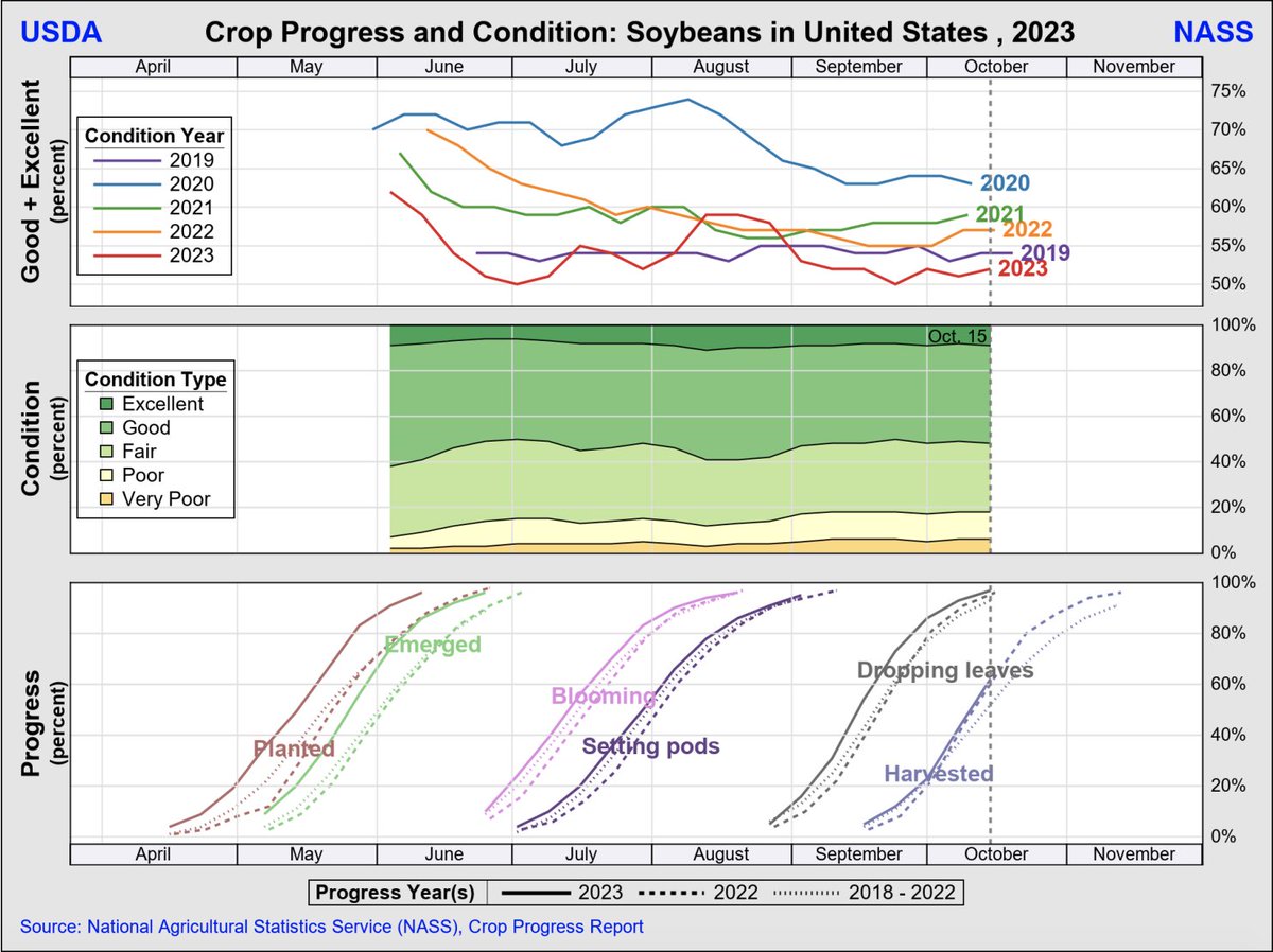 farmdocDaily's tweet image. #Soybean condition in the United States is rated 52% good-to-excellent, as of Oct. 15, up 1% from last week. Soybeans #harvested is at 62%. Soybeans dropping leaves is at 97%. 

tinyurl.com/4r6sfe3t