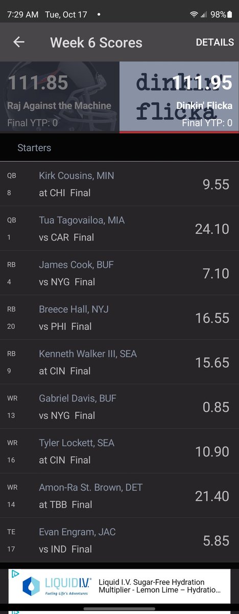 mingleberg's tweet photo. @TheFFBallers Went to bed after the Chargers tied it up 17-17 and my opponent took the lead... Woke up to this. Second time this season my team has won by less than a point. https://t.co/vBhotkuLY0
