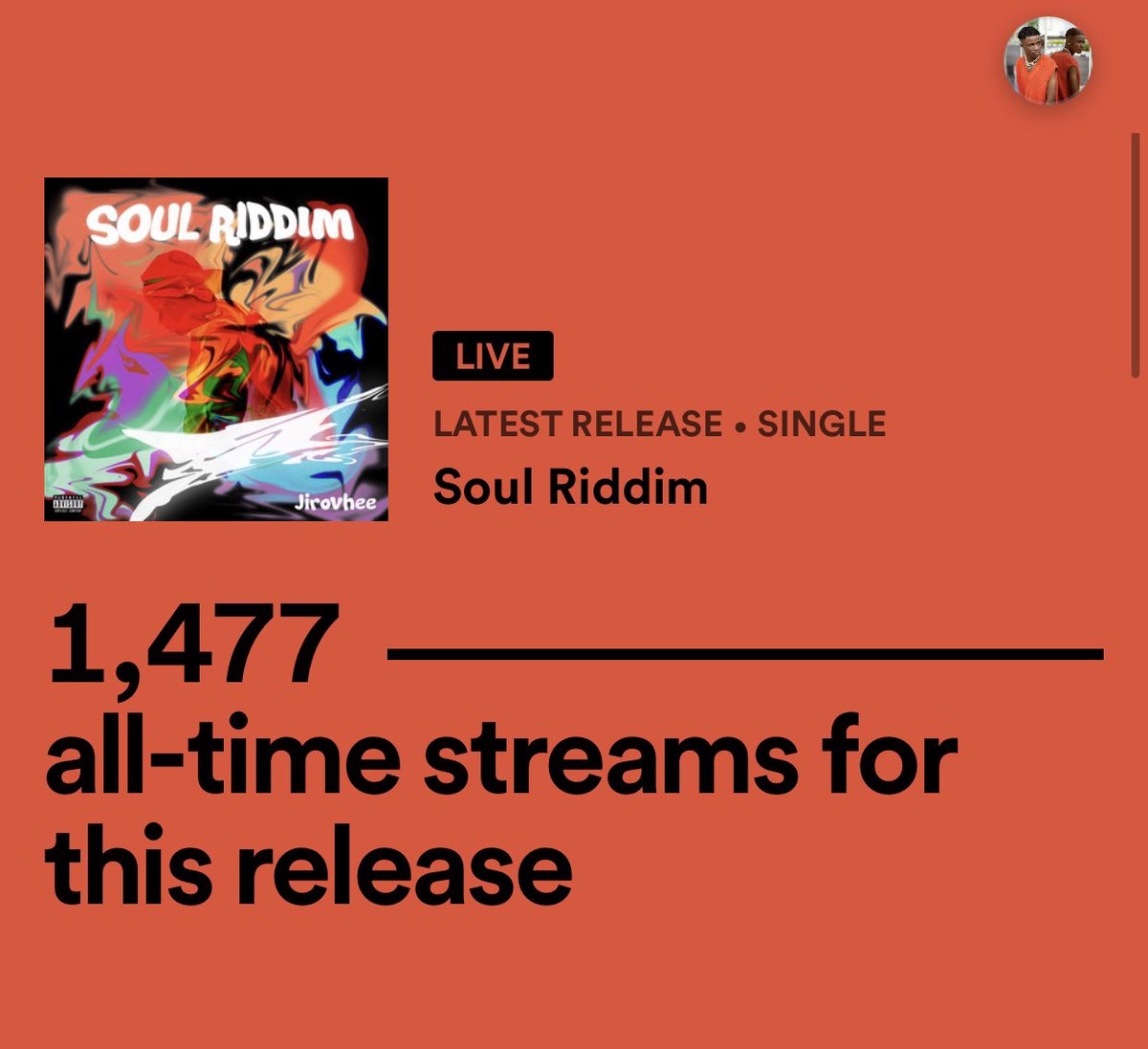 Jirovhee's tweet photo. Soul Riddim just hit 1,477 Spotify plays and 5,000 Audiomack plays🚀 
Keep streaming ❤️ https://t.co/EvO8Lo0qsu