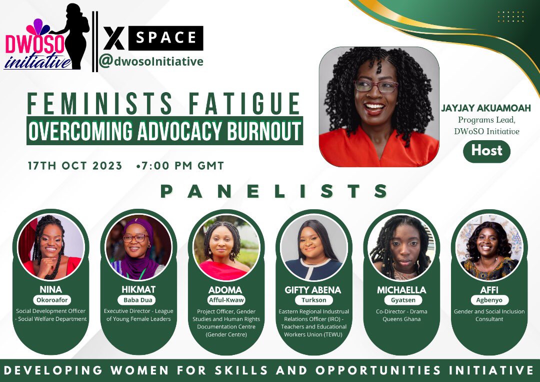 Last week we discussed the ways activists can safely deal with advocacy fatigue. Today, we’re asking: what if there’s no way for them to take a break?

Join us tonight on the DWoSO Initiative X Space at 7pmGMT for more.
#feminist
#advocacyfatigue
#mentalwellness
#dwosoinitiative