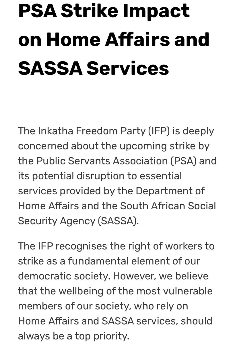 vote_ifp's tweet photo. π¨ IFP expresses deep concerns over the ongoing PSA strike and its potential impact on crucial Home Affairs and SASSA services. #IFP #PublicServiceStrike #HomeAffairs #SASSA
https://t.co/IlPXpwgBk8 https://t.co/ard0Q1Wiar