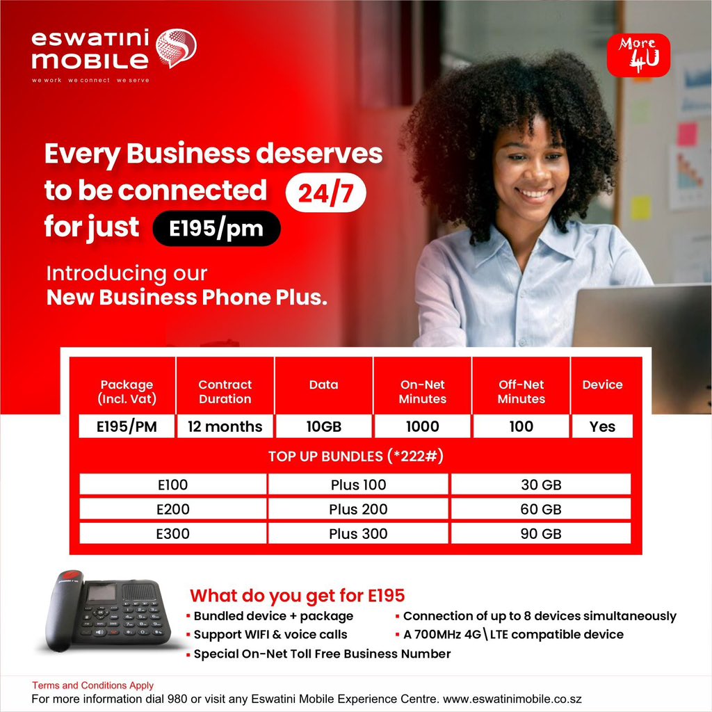 mobile_eswatini's tweet photo. Enjoy the exclusive offer of an on net toll free business number 🎊💃🏽. Get your business connected with our Business Phone Plus and get your Eswatini Mobile customers calling your office for free😃
#moreconnection #more4u #eswatinimobile https://t.co/2dy2WWCDWs