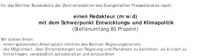 Ahnung von Entwicklungs- und Klimapolitik? Interesse, das zu teilen? Lust auf Nachrichten? Dann könnte das hier was sein! <a href="/epd_news/">epd</a> sucht für das Bundesbüro eine*n neue*n Kolleg*in 👉 u.epd.de/2rib