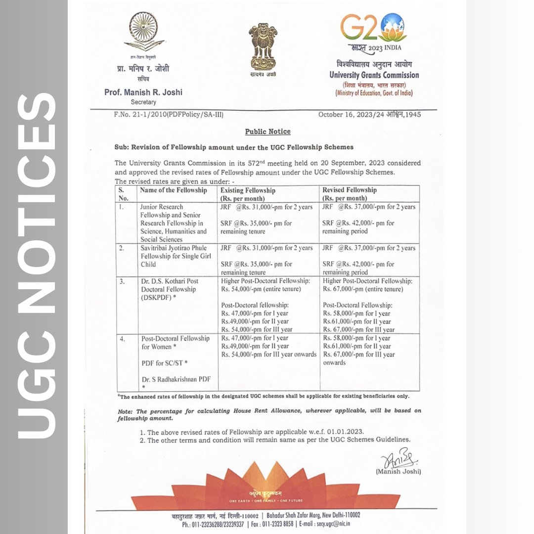 UGC Public Notice regarding: Revision of Fellowship amount under the UGC Fellowship Schemes.

Also, read in Hindi:
ugc.gov.in/pdfnews/403152…