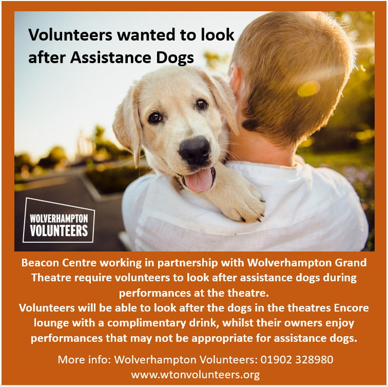 Great opportunity to help with assistance dogs! wtonvolunteers.org Tel: 01902 328980

@WtonVCA @DudleyVols @CommunityOffer @DogsTrust @WolvesLibraries @BeaconCentre @WolvesGrand @PetPalHub @1018wcrfm @ExpressandStar @jamesvukmirovic @CeliaHibbert