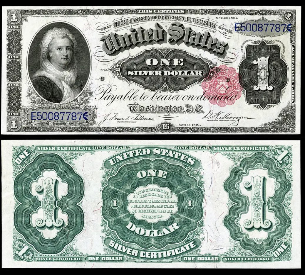 gabrielcoconate's tweet image. Martha Washington became the first and only woman to feature on U.S. paper money, appearing on the $1 Silver Certificate in the late 19th century (circa 1886). Her bills are now a rare find for collectors, making her an iconic figure in American numismatic history.  #rarenotes