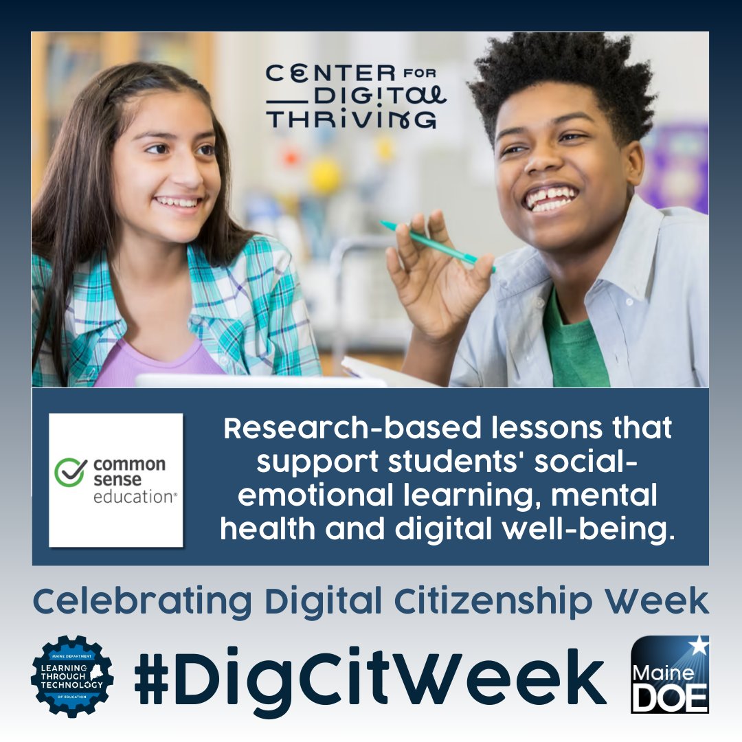 Learning Through Technology at Maine DOE (@mainedoeltt) on Twitter photo Collaborating with <a href="/Digi_Thriving/">Center for Digital Thriving</a>, our partners at <a href="/CommonSenseEd/">Common Sense Education</a> kicked off #DigCitWeek with new Digital Well-Being collections. Not sure where to start? Try the pacing guides and research-based lessons! #TeachWithTech Need help? Ask @MaineDOELTT commonsense.org/education/sear… Collaborating with <a href="/Digi_Thriving/">Center for Digital Thriving</a>, our partners at <a href="/CommonSenseEd/">Common Sense Education</a> kicked off #DigCitWeek with new Digital Well-Being collections. Not sure where to start? Try the pacing guides and research-based lessons! #TeachWithTech Need help? Ask @MaineDOELTT commonsense.org/education/sear…