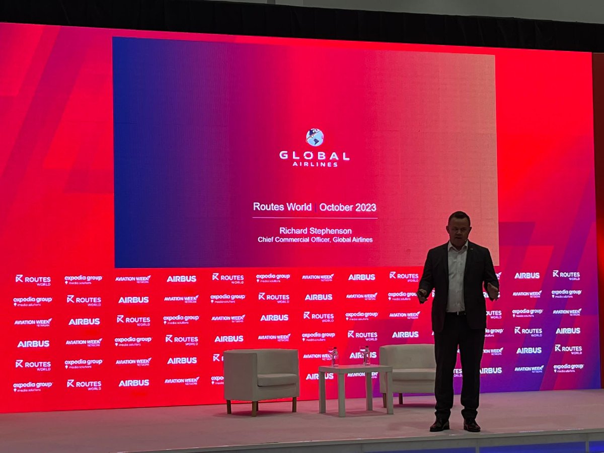 🌎✈️ Another big day for Global Airlines - <a href="/globalairlines/">Global Airlines</a> at Routes World - Incredibly proud of our team taking centre stage <a href="/rmgstephenson/">Richard Stephenson</a> and <a href="/liammckayaero/">Liam McKay</a> our Chief Commercial Officer and International Corporate Affairs Director respectively. #globalairlines #routesworld2023