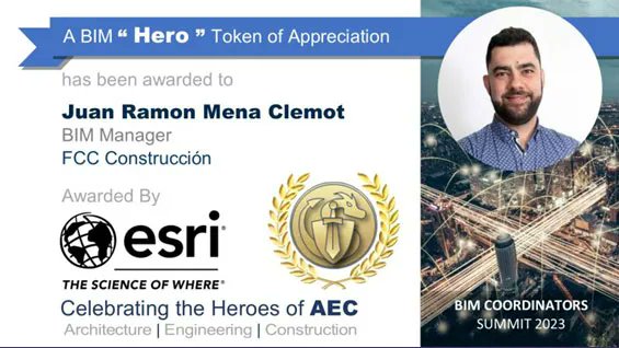 🏆Juan Ramón Mena, BIM Manager of the A465 Project at @ConstruccionFcc, has been honored as a #BIMHero by @Esri_Spain. His work integrating BIM, GIS, and drone tech in the #Pilot1 - A465 Project received recognition from the BIM Coordinators Summit🚀 👉digichecks.eu/2023/10/10/252…