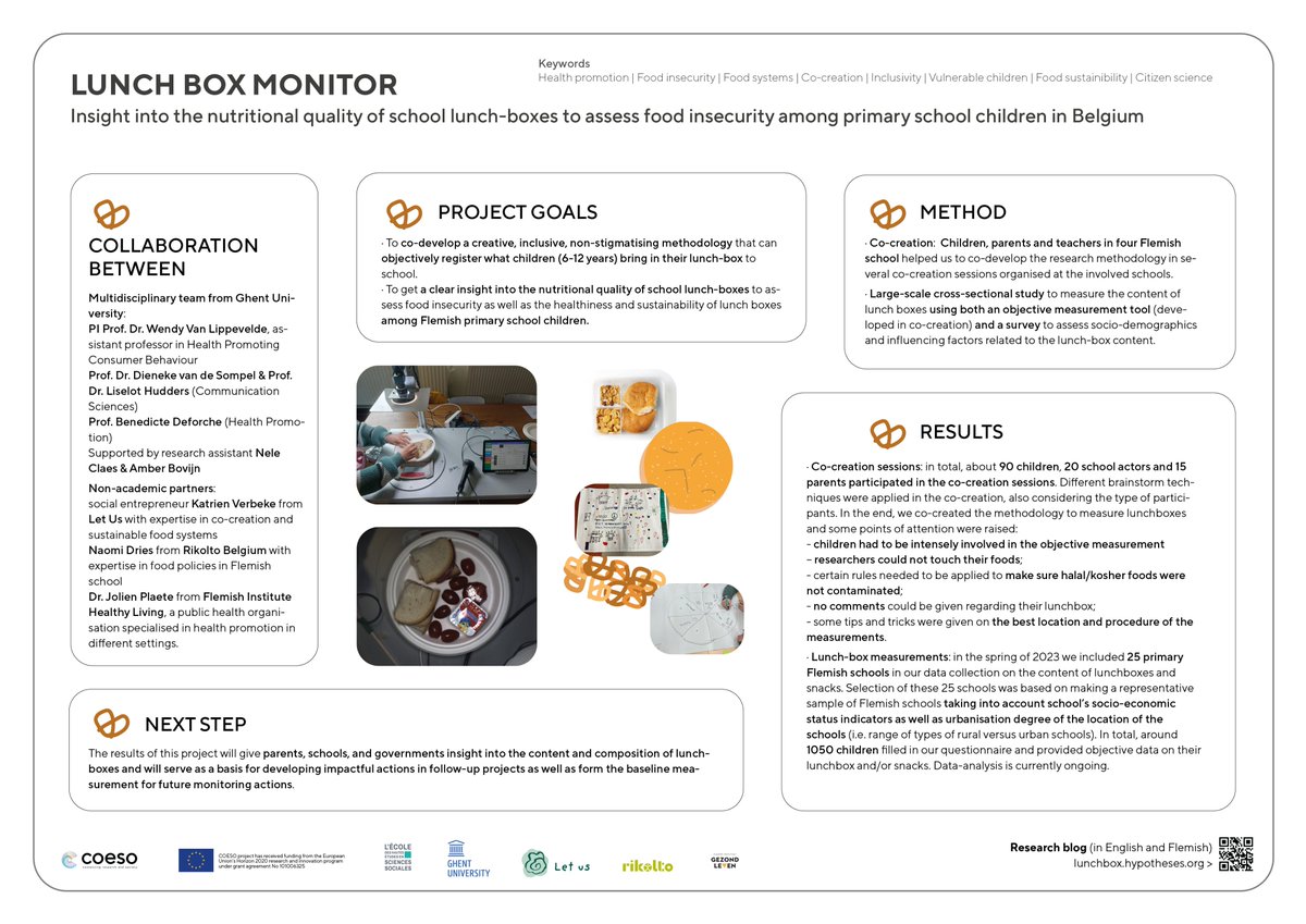 COESOEU's tweet photo. 🪟 Visual Summary of the #LunchBoxMonitor project #PilotPoster
Insight into the nutritional quality of school lunch-boxes to assess food insecurity among primary school children in Belgium
@wvlippev @verbeke_katrien @GezondLevenvzw @HealthUGent @rikoltoBE
#Collaborate4Research https://t.co/Jq0eyTzNu0