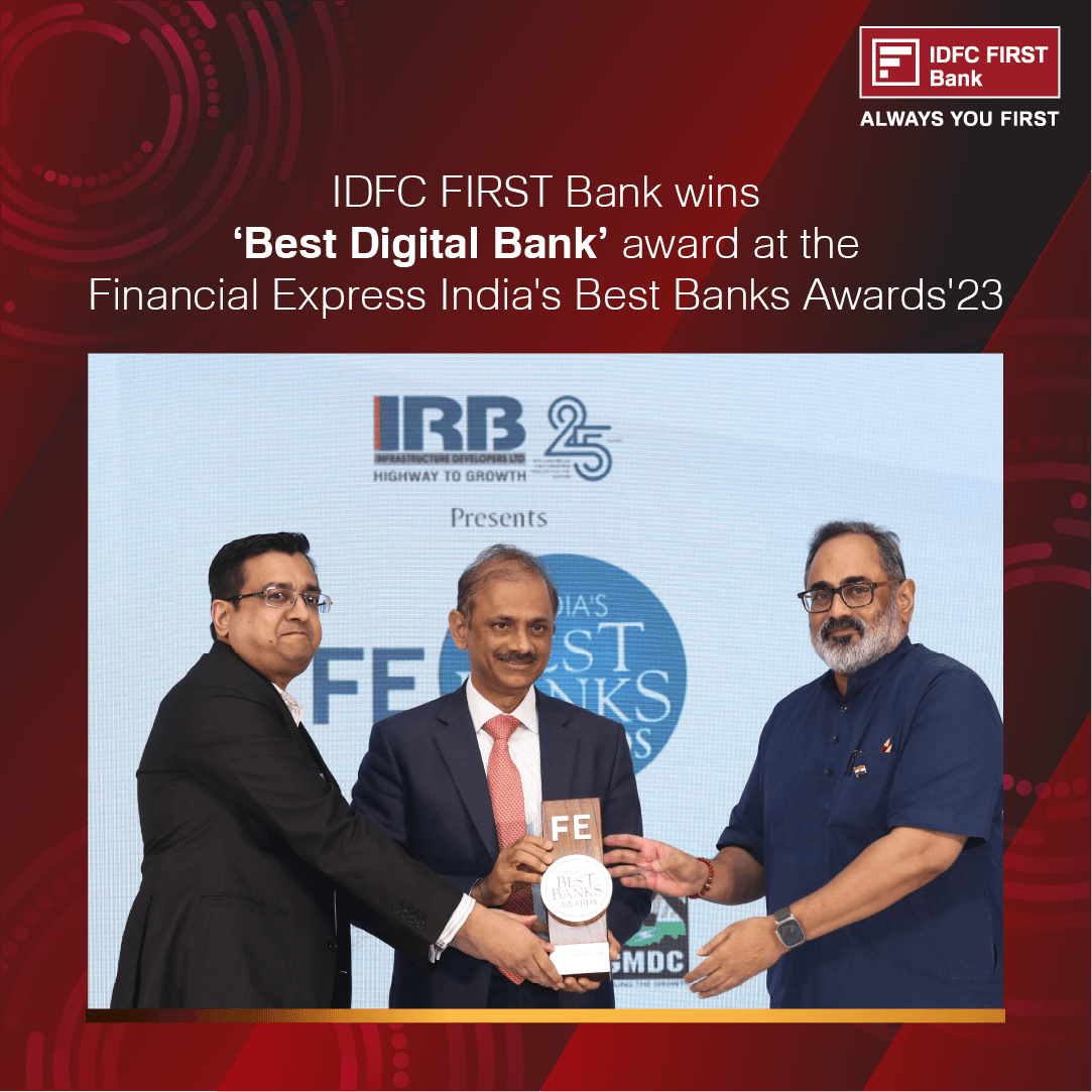 IDFCFIRSTBank's tweet photo. #IDFCFIRSTBank wins 'Best Digital Bank' at Financial Express India's Best Banks Awards 2023. It's a testament to our pursuit of digital excellence. We thank you for your trust &amp; support as we redefine banking in the digital age!

#AlwaysYouFirst #BestDigitalBank https://t.co/7EpkwcQcN8