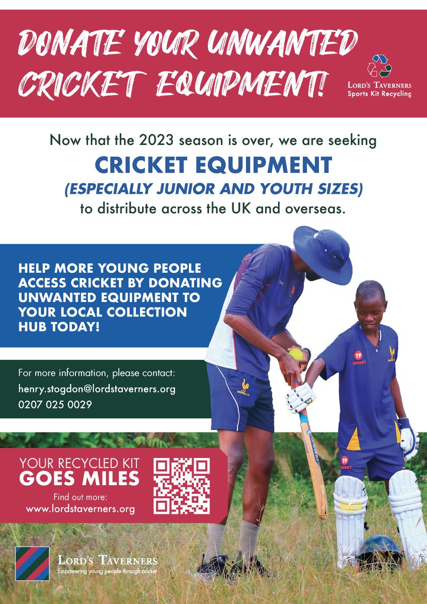 📣 Donate your cricket equipment to our Sports Kit Recycling programme!

🏏 Help more young people access cricket by donating your unwanted bats, gloves, pads, helmets and more!

👀 We are particularly on the look out for youth and junior sizes

♻️ bit.ly/LT-skr