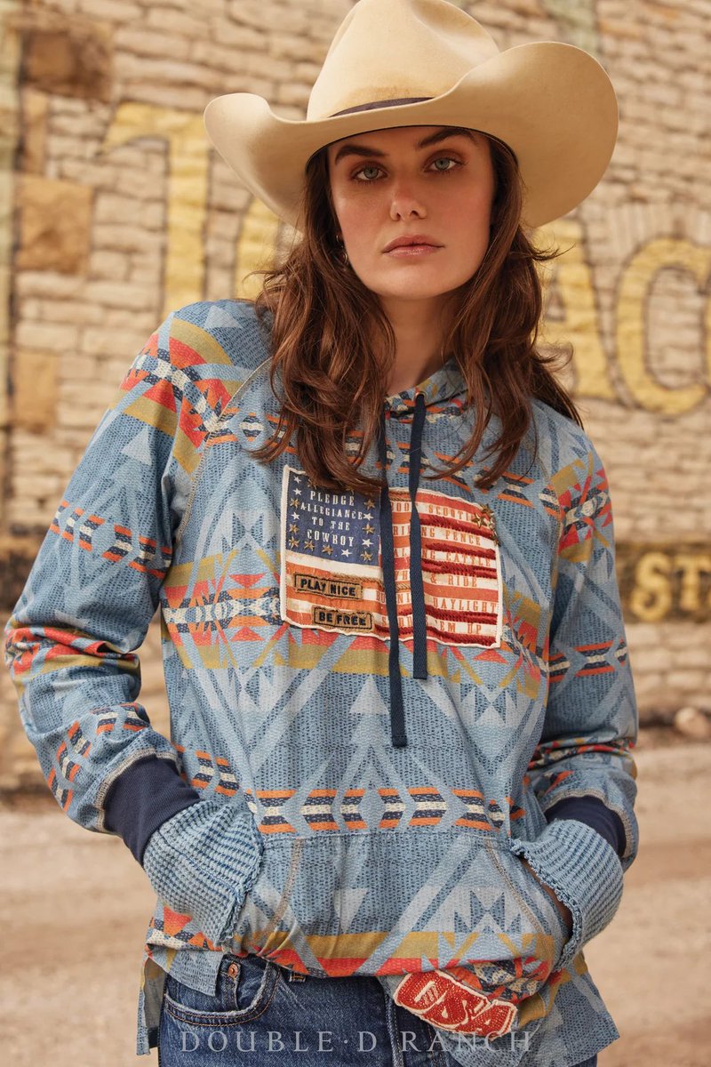 This colorful cotton hoodie from Double D Ranch is a lightweight blanket-pattern pullover tee with contrasting cuffs and a classic pouch pocket. 
#equinedivine #equinedivineonline #downtownaiken #shopsmall #doubledranch #doubledranchwear #usa #america #westernwear #cowgirl