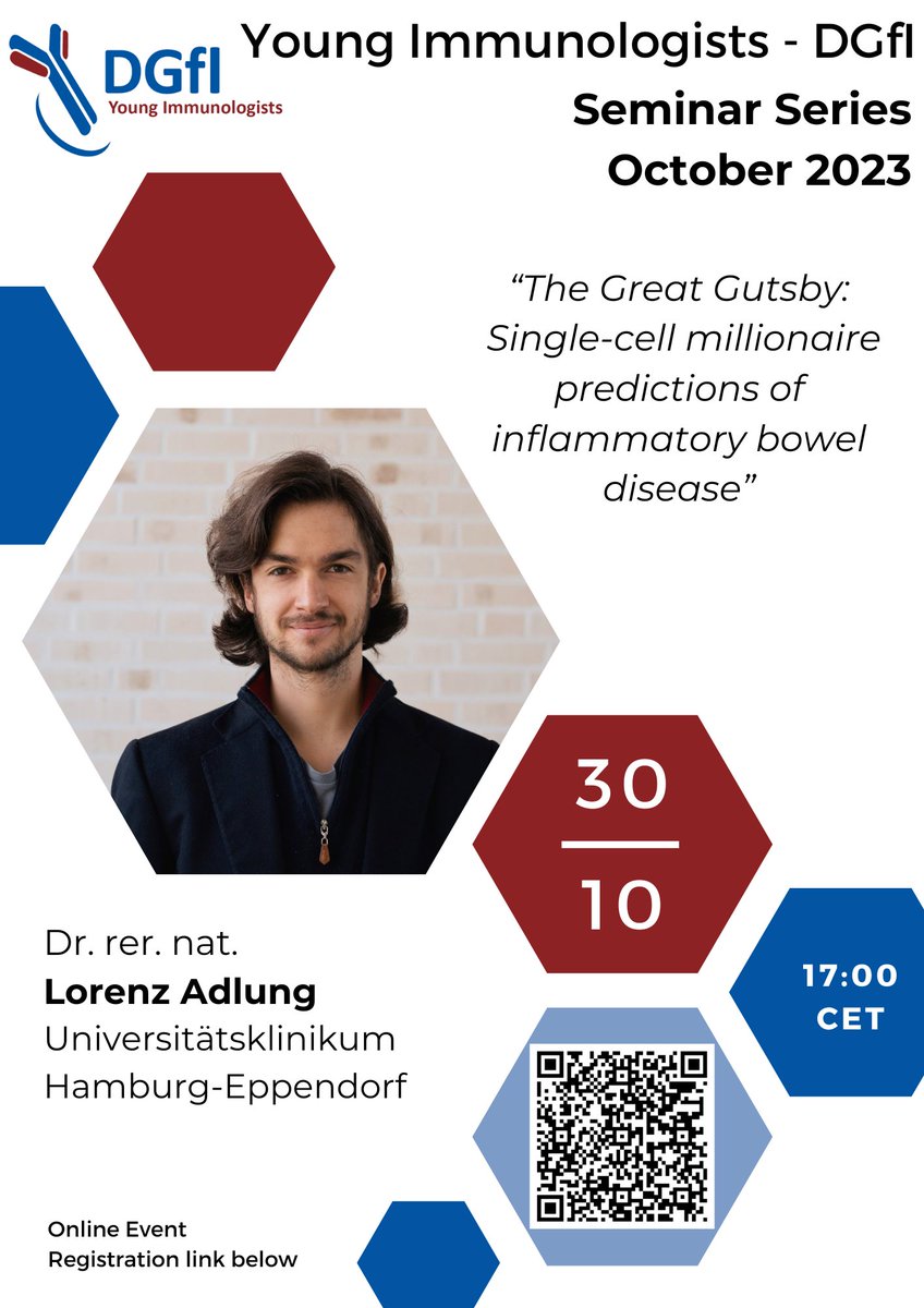DGFI Young Immunologists (@yi_dgfi) on Twitter photo This month's <a href="/YI_dgfi/">DGFI Young Immunologists</a> online seminar features <a href="/LorenzAdlung/">Lorenz Adlung</a> from Hamburg-Eppendorf, who'll dive into the opulent universe of scRNAseq data to gain unparalleled insights on inflammatory bowel disease (IBD).
🕕 30 Oct 2023, 5:00 PM CET
🔗 Register: shorturl.at/sxzF2 This month's <a href="/YI_dgfi/">DGFI Young Immunologists</a> online seminar features <a href="/LorenzAdlung/">Lorenz Adlung</a> from Hamburg-Eppendorf, who'll dive into the opulent universe of scRNAseq data to gain unparalleled insights on inflammatory bowel disease (IBD).
🕕 30 Oct 2023, 5:00 PM CET
🔗 Register: shorturl.at/sxzF2