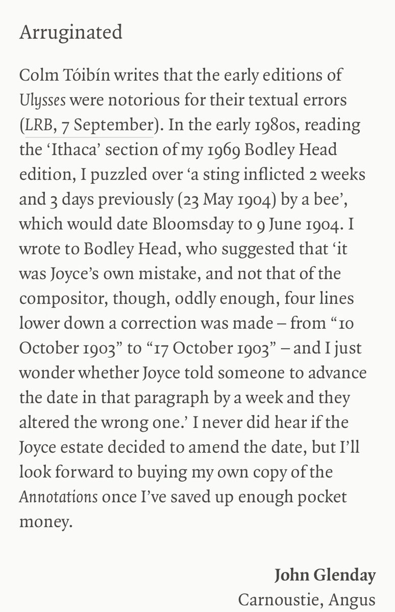 johnstonglenn's tweet photo. A reader responded to Colm Tóibín’s recent review of  Annotations to James Joyce's Ulysses in @LRB https://t.co/UJu4Nk7BZ8