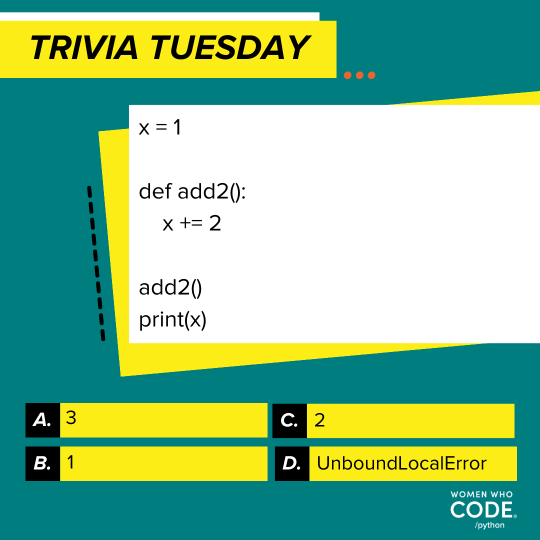 womensoftwarepy's tweet photo. It's Trivia Tuesday!
A, B, C or D ? Leave your answer in the comments !
Text version: https://t.co/gG1C2MJ67T
#wwcode #womenwhocode #trivia #python #pythoncode #pythoncoding #pythonprogrammer #wwcod https://t.co/4kFe8Wsay9