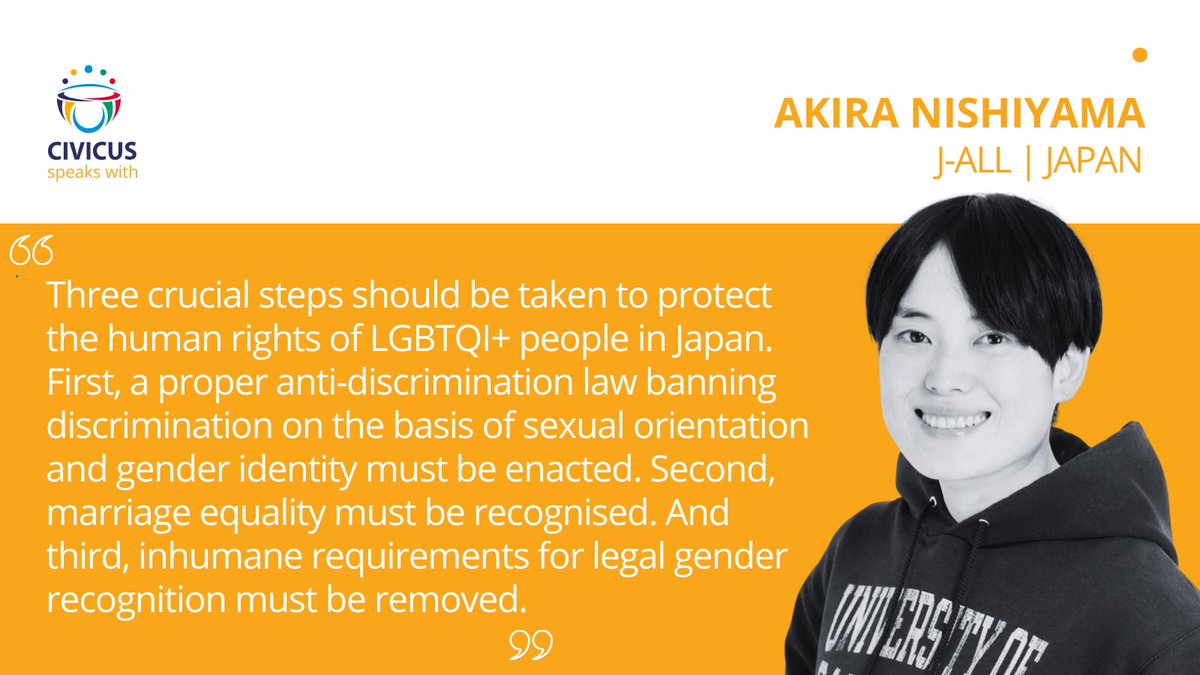 🇯🇵JAPAN: ‘Each victory brings backlash, but LGBTQI+ people will keep fighting for equality and dignity' - Akira Nishiyama of @lgbtourengokai speaks on the struggle for LGBTQI+ rights in Japan. ➡️web.civicus.org/Akira-Nishiyama #CIVICUSLens