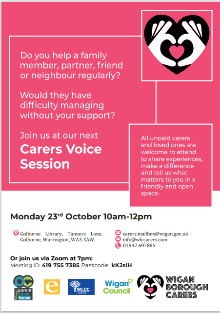 📢Calling all carers - we welcome you all to our next Carer Voice session- this time in Golborne !! 📅 Monday 23rd October 🏡 Golborne Library, WA3 3AW ⏰ 10am-12pm 💻Or join via zoom at 7pm Meeeting ID: 419 755 7385 Passcode: kK2siH us05web.zoom.us/j/4197557385?p…