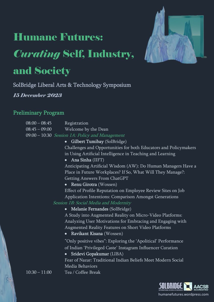 SolBridge_LATS's tweet photo. Thrilled to share our preliminary schedule for the SolBridge Liberal Arts & Technology Symposium - "Human Futures: Curating Self, Industry, and Society" on December 15, 2023!
Secure your spot now!📑: https://t.co/9ZpJU87AsE
#Curation #LiberalArts #Technology #SolBridge https://t.co/J7bTPWnkev
