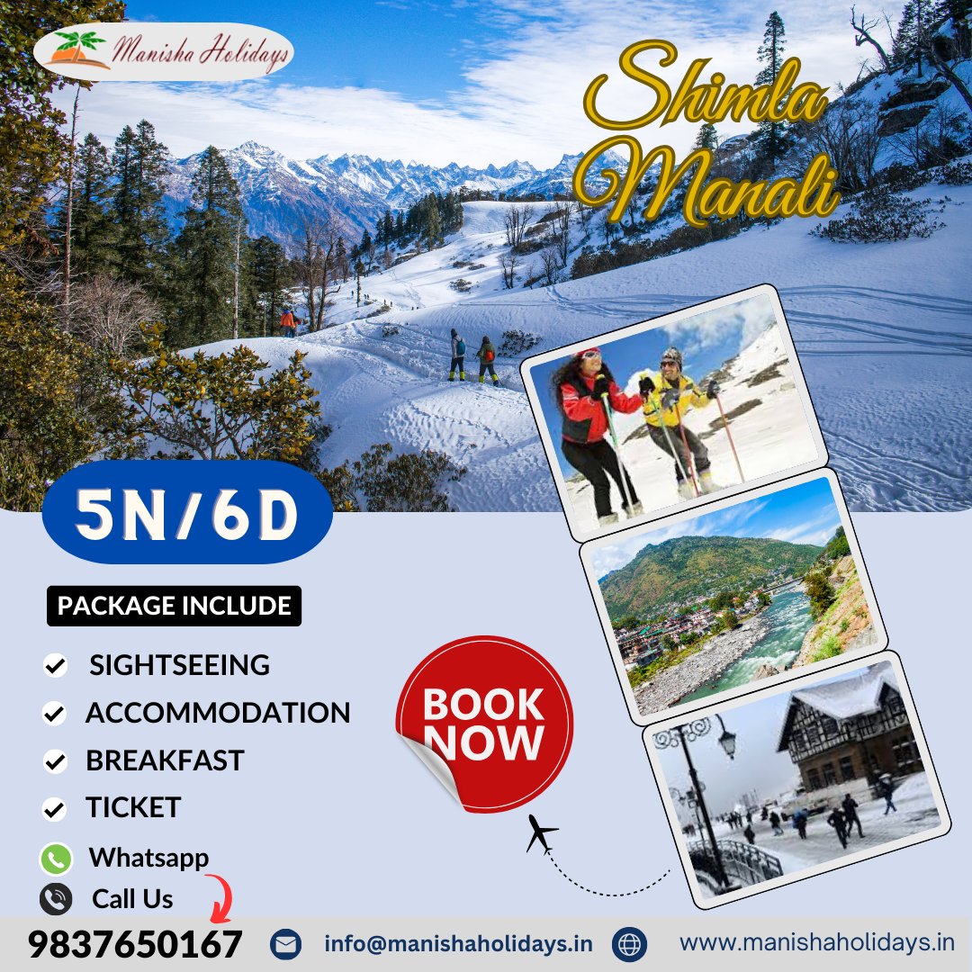 Experience the beauty of the  Shimla and Manali where nature's meets your adventure journey!
Call:- +91 9837650167
Mail:- Info@manishaholidays.in.
.
.
.
#ShimlaManaliTour #ExploreShimlaManali #HimalayanGetaway #VacationInShimla #ManaliAdventures
#HimachalHoliday #ShimlaDiaries