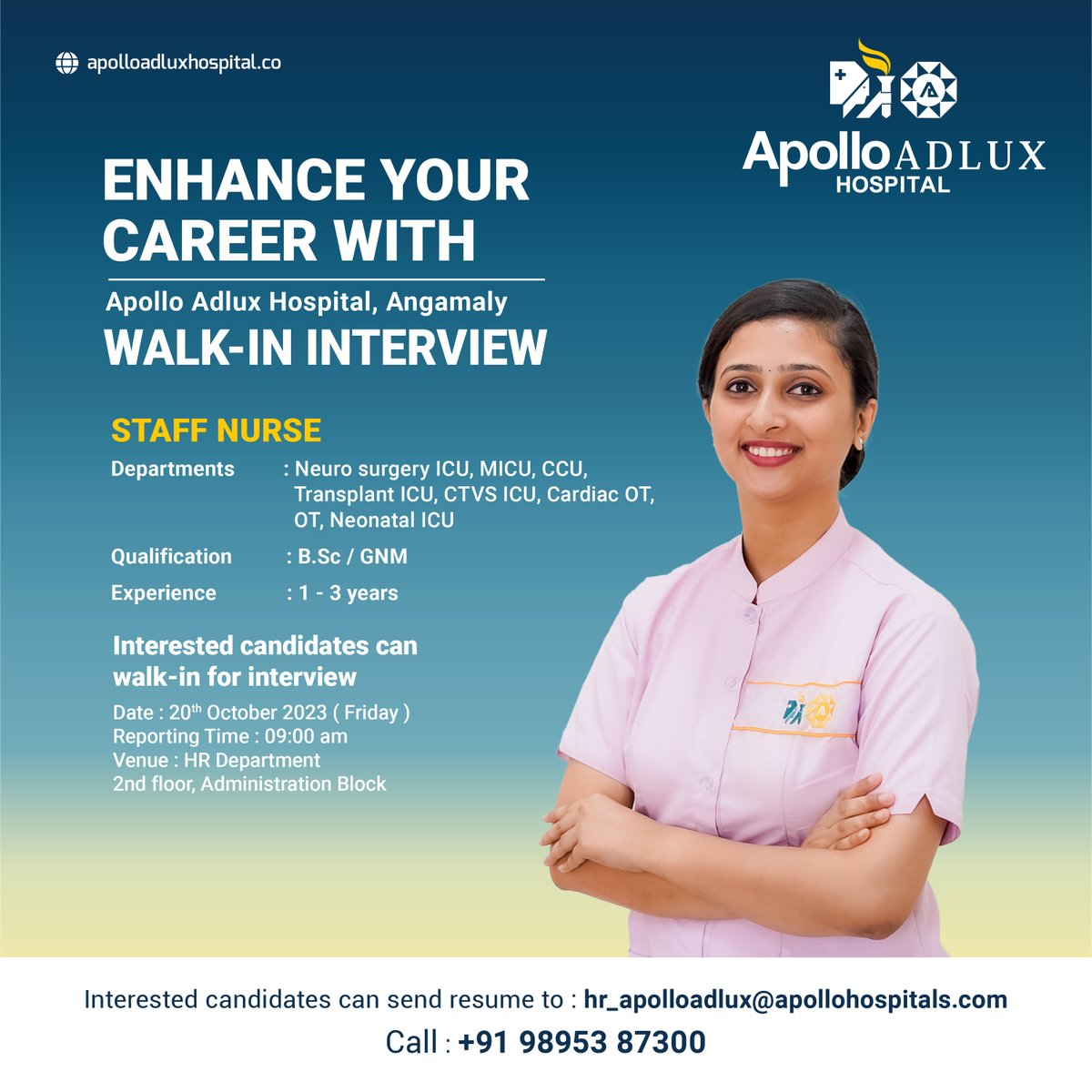 Don't miss this chance to shine in your nursing career! Walk-in interview for Staff Nurse positions at Apollo Adlux Hospital on October 20th at 9 am.

#NursingJobs #JobOpportunity #NursingCareer #HealthcareJobs #NurseRecruitment #StaffNurse #WalkInInterview #ApolloAdluxHospital