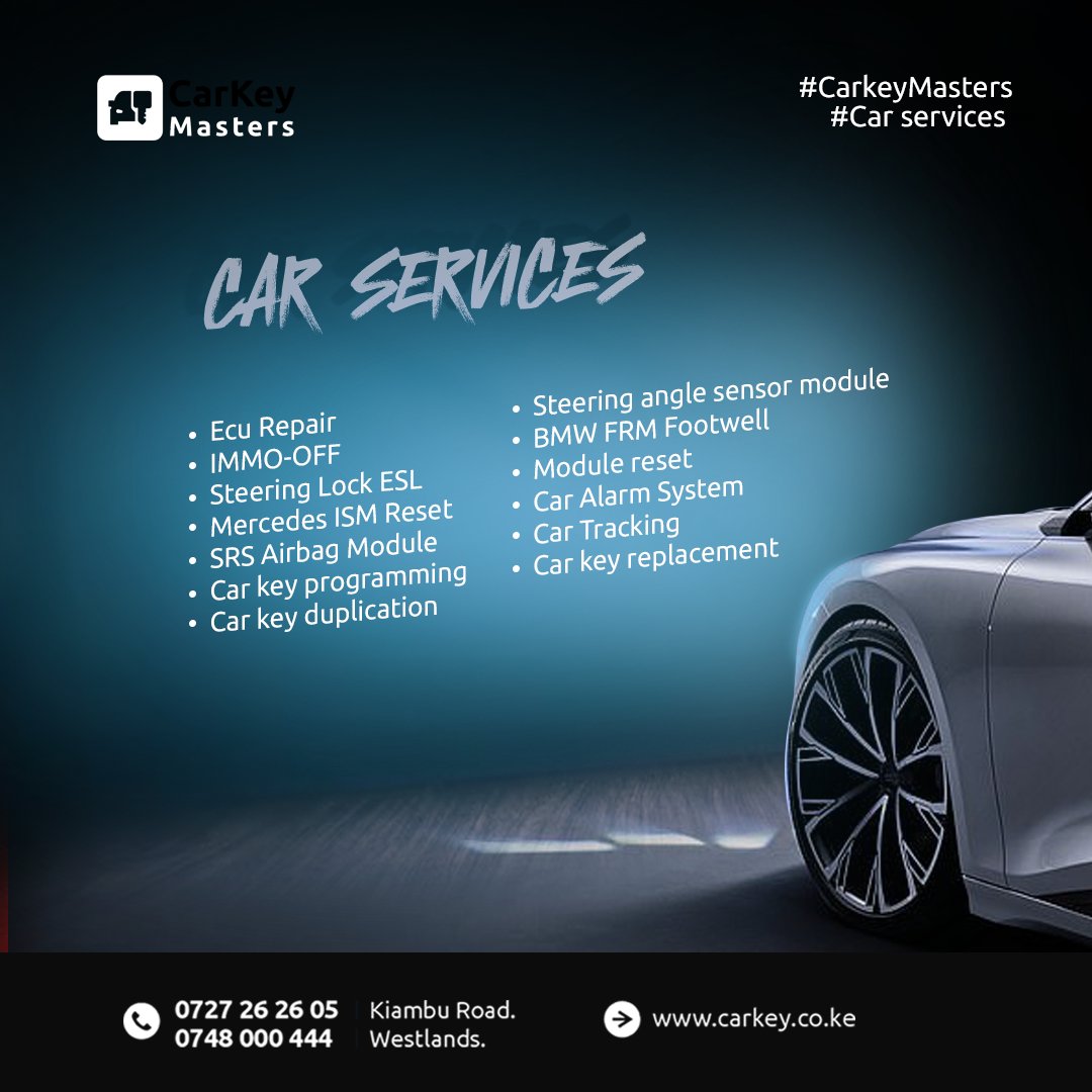 CarKey_Masters's tweet image. To explore our automotive services, visit carkey.co.ke or any of our branches, from car key repairs to ignition system solutions. We&apos;ve got your back. 🚗🗝️
Contact us at:
Kiambu Road - 0727 262 605
Westlands - 0748 000 444
#CarkeySolutions #AutoExperts #CarkeyMasters