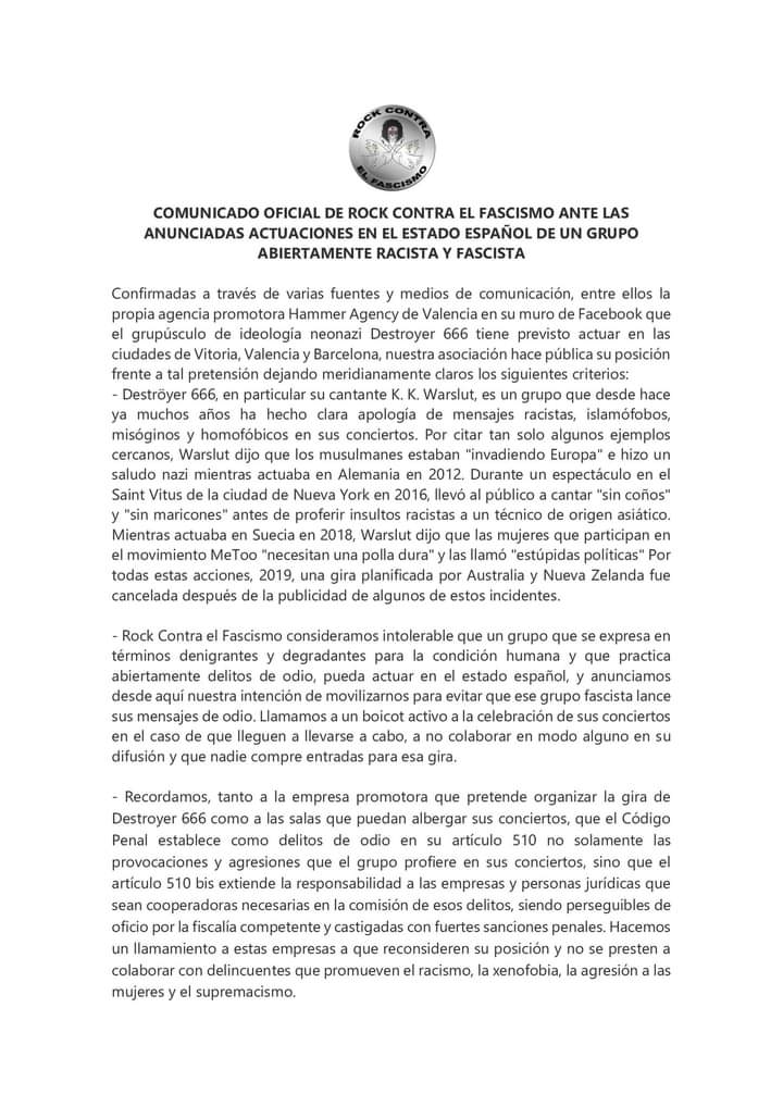 COMUNICADO OFICIAL DE ROCK CONTRA EL FASCISMO ANTE LAS ANUNCIADAS ACTUACIONES EN EL ESTADO ESPAÑOL DE UN GRUPO ABIERTAMENTE RACISTA Y FASCISTA