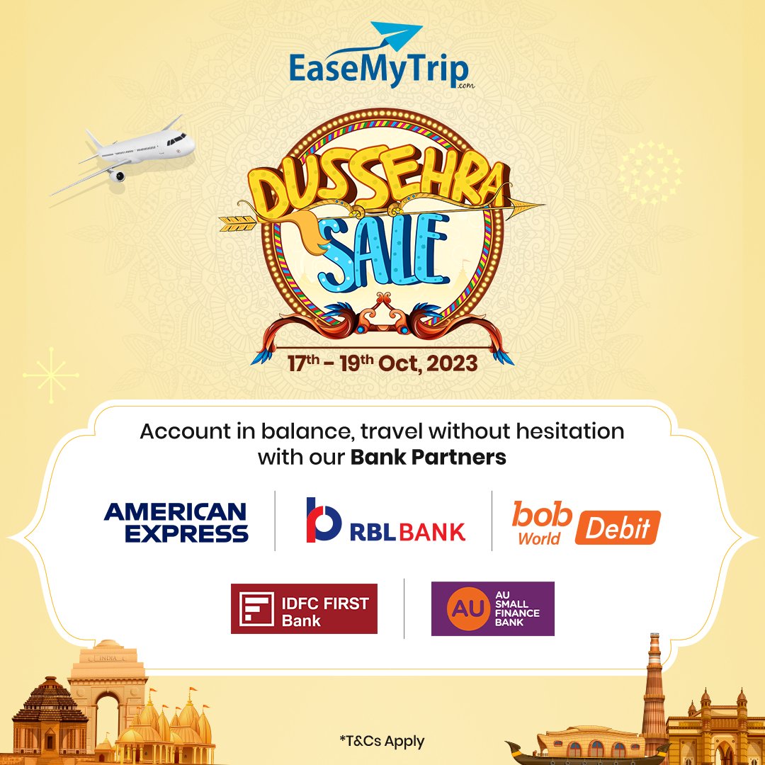 EaseMyTrip's tweet photo. This festive season, let your travel spirit animal roam free with our bank partners.
Use Code - FESTEMT
#dussehrasale #travelsale #bankpartners #easemytrip https://t.co/bJWgMR5HR4