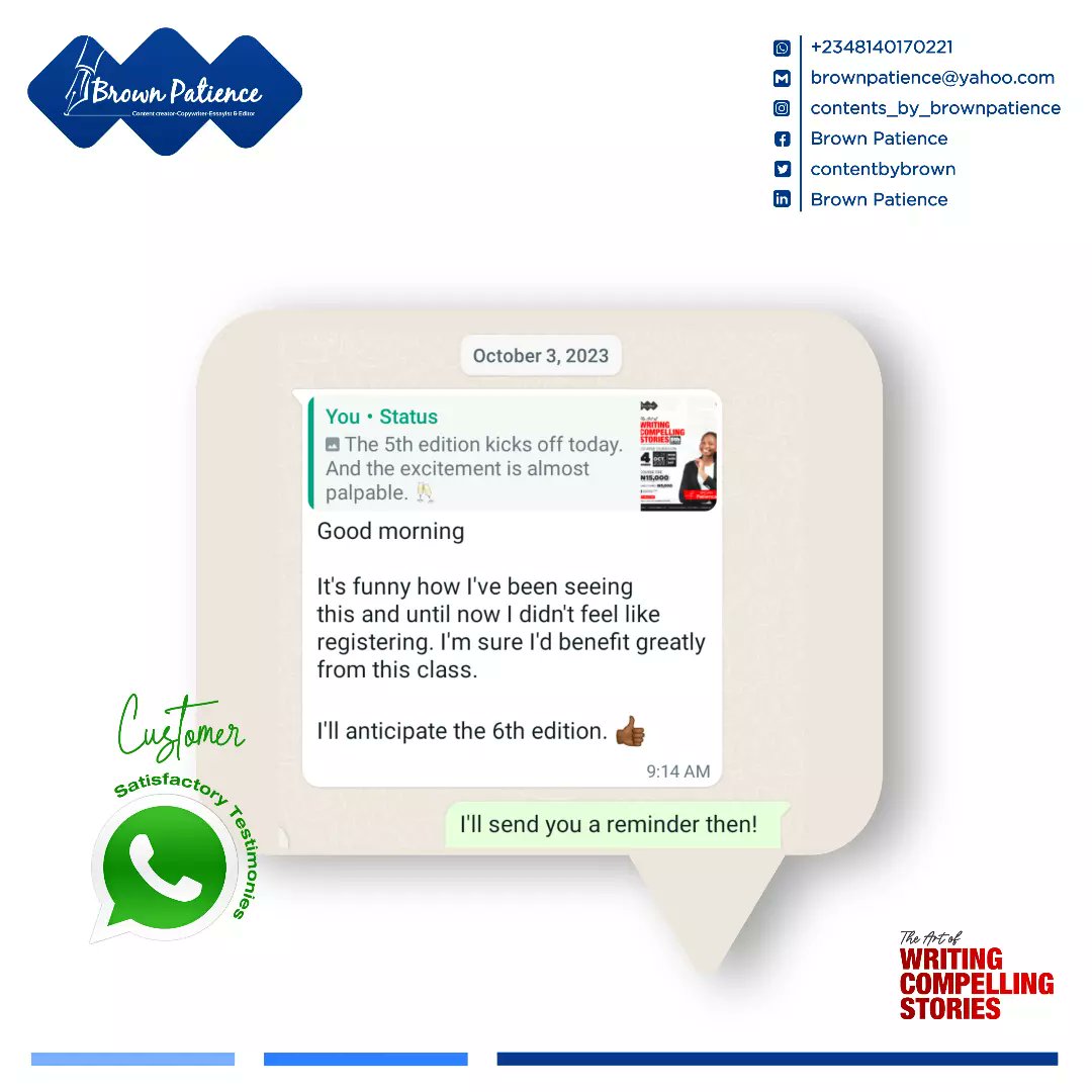 ContentsbyBrown's tweet image. You&apos;ll be notified when the next edition is set to begin. ⭐

___
#writingtutor #writingcoach #writingtutor #brownpatience #compellingstorytelling  #writingandeditingwithbrownpatience #writingmasterclass  #writingcoaches #writingclasses