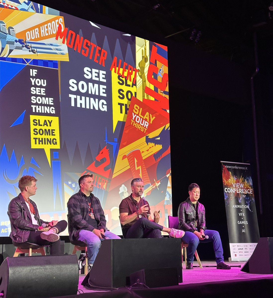ViewConference's tweet photo. @ViewConference on the main stage we are listening to #Nimona key artists speaking how they brought #Nimona to life. @Gingerhazing #NickBruno #TroyQuane #TedTy. @netflix @AnnapurnaPics @dneg 

https://t.co/rMW7idchW3

#animation #film #art #storytelling #vfx #games @WeLoveNimona https://t.co/HPDkel5XLw