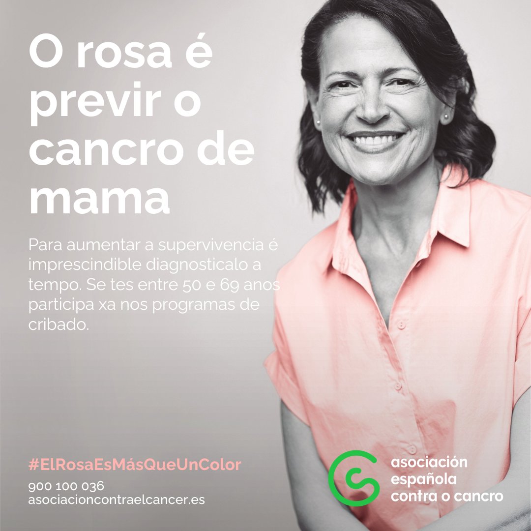 Os programas de cribado en cancro de mama conseguiron detectar novos casos de cancro e aumentar a esperanza de vida💪

✅Recomendación: A realización dunha mamografía cada dous anos en idade de risco entre os 50 e 69 anos. #ElRosaesMásQueUnColor

contraelcancer.es/es/todo-sobre-…
