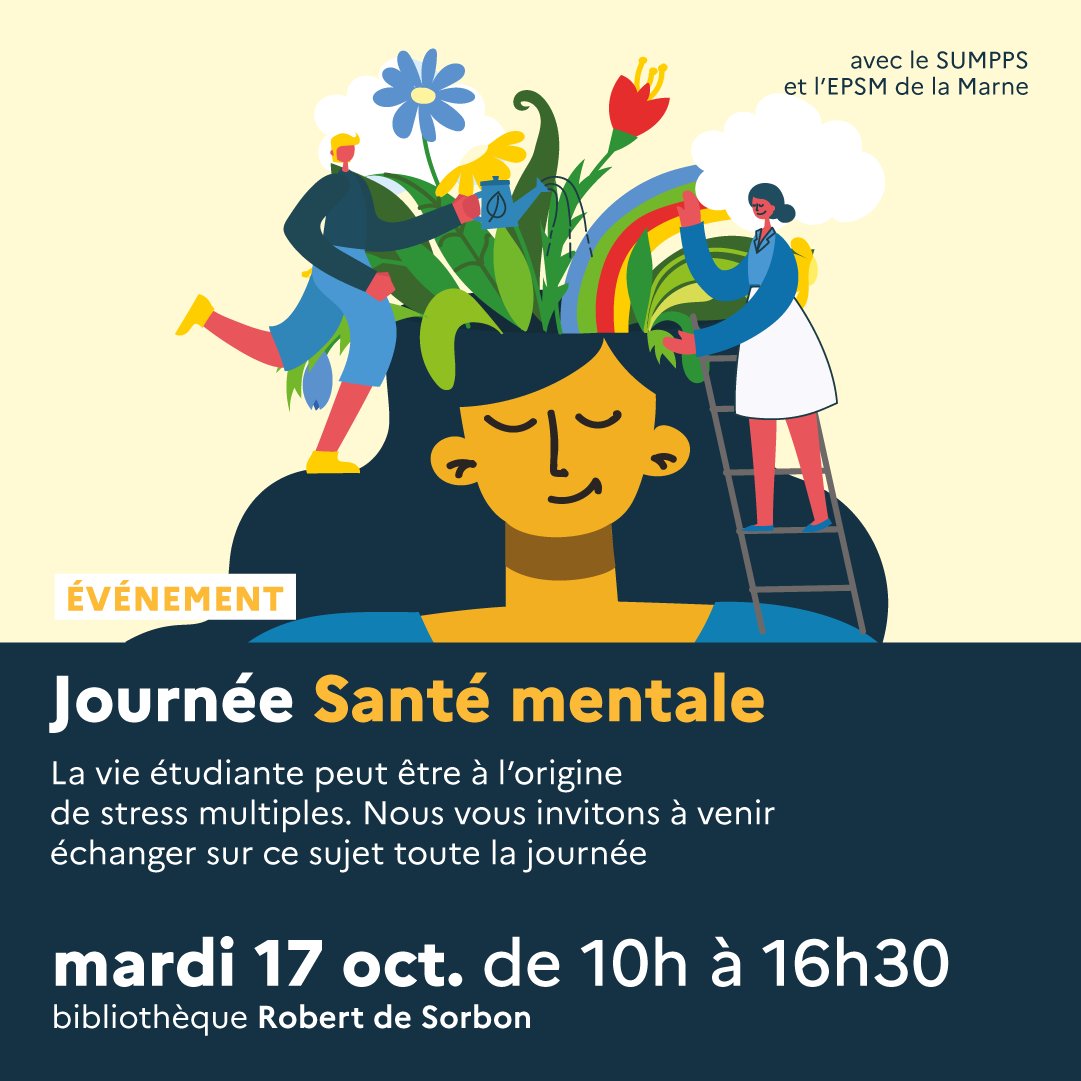 bureims's tweet photo. 🙆♀️Aujourd'hui, journée de la Santé mentale des étudiants à la #burobertdesorbon.
Etudiants, étudiantes, venez échanger !
Infos : https://t.co/vIPkxml4A9
Organisé dans le cadre des Semaines d'information sur la santé mentale (#SISM) #sumpps
@EpsmMarne
@CentreRessource https://t.co/uax6XwVH9Q