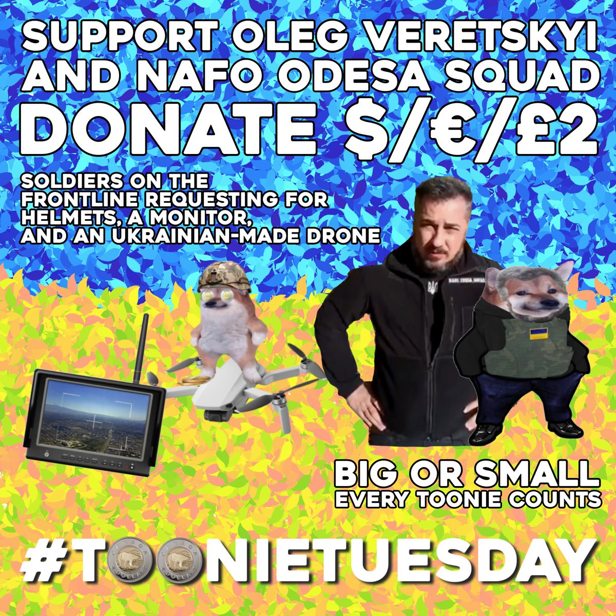 IT'S THAT TIME AGAIN! GET YOUR TOONIES, DEARIES AND FELLLAAAAAAAS! ✊🏻

this week's #toonietuesday supports @oleg_veretskiy and NAFO odesa squad — for equipping with helmets, a monitor and a 🇺🇦-made drone.

more details on the original post below!
LET'S GET IT TO GO!! 🔥💙💛