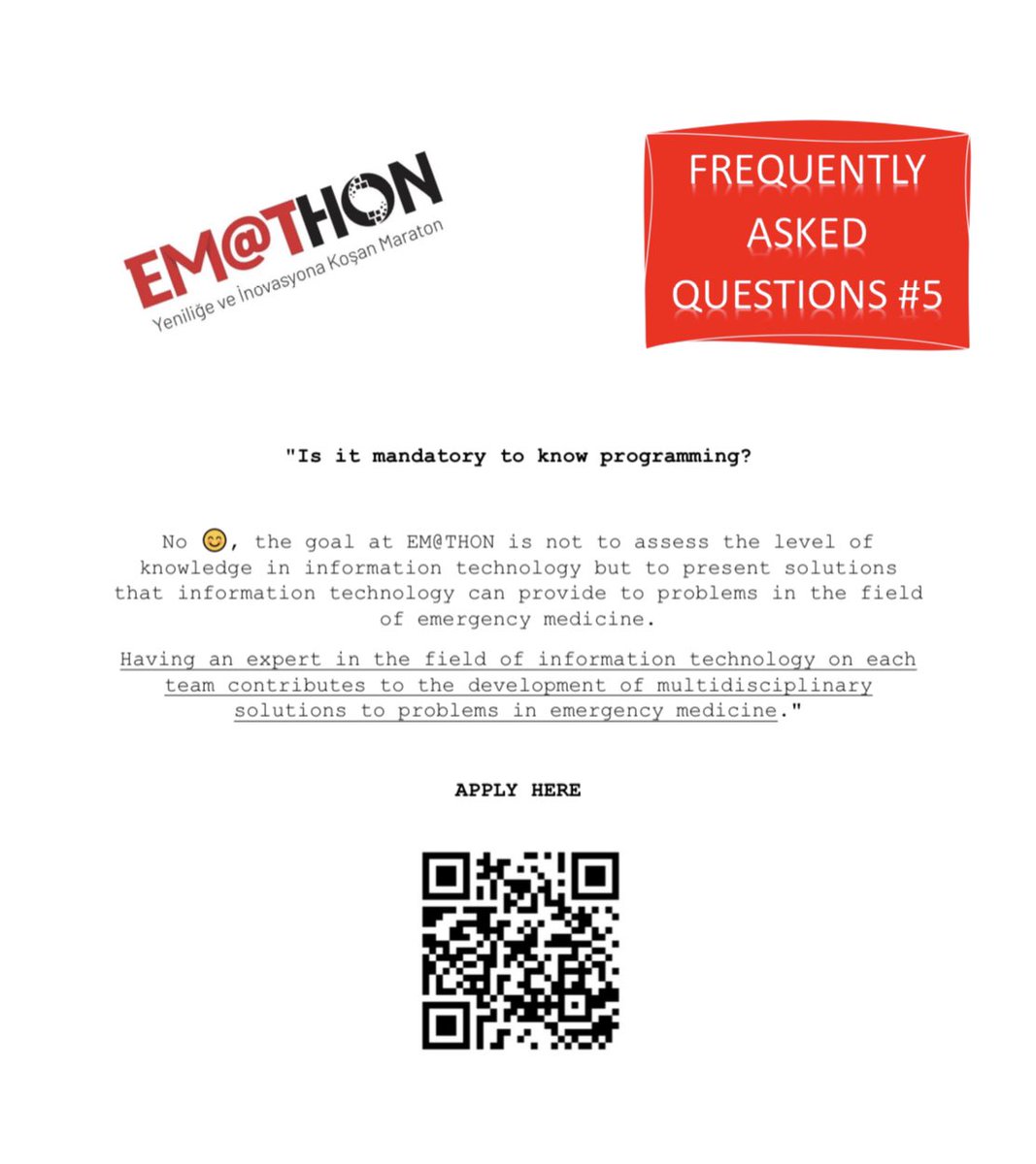 Sıkça Sorulan Sorular 5 (FAQ 5)

Programlama bilmek zorunlu mu?

Is it mandatory to know programming?

Ayrıntılar için 👉🏻 eacem.org
Details 👉🏻 eacem.org/en

#EACEM2023 #AcilHayattır #EmergencyIsLife #sympocus #TATDUS <a href="/tatdkongre/">TATD KONGRE</a>
<a href="/tatdus/">Илдус Айсин</a> <a href="/TrTATD/">Türkiye Acil Tıp Derneği - TATD (EMAT)</a>
