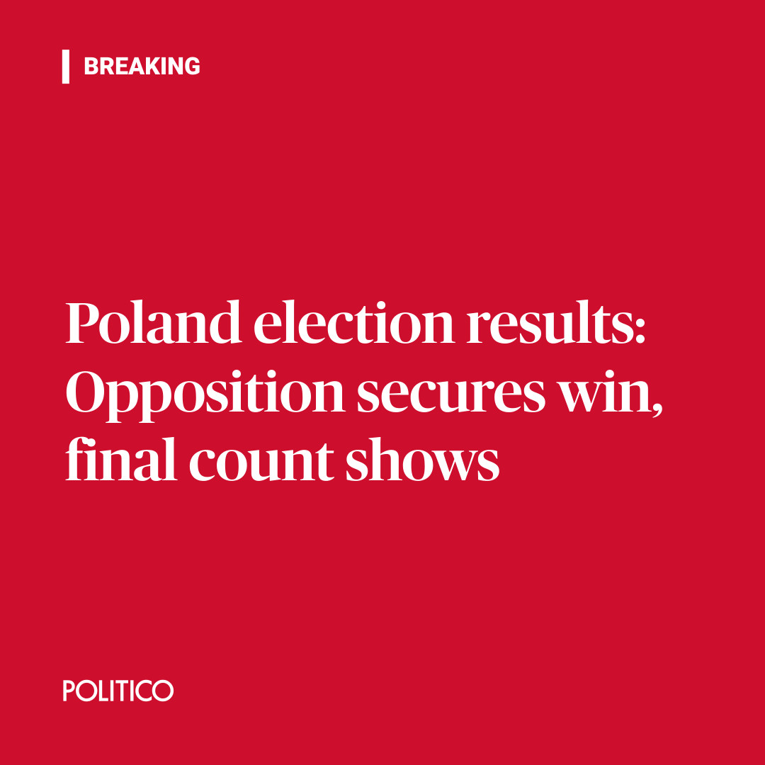 🚨 BREAKING: Poland’s opposition parties won enough seats in Sunday’s general election to take power from the Law and Justice (PiS) party, according to a final vote count released by the National Electoral Commission this morning.

🔗 politico.eu/article/poland…
