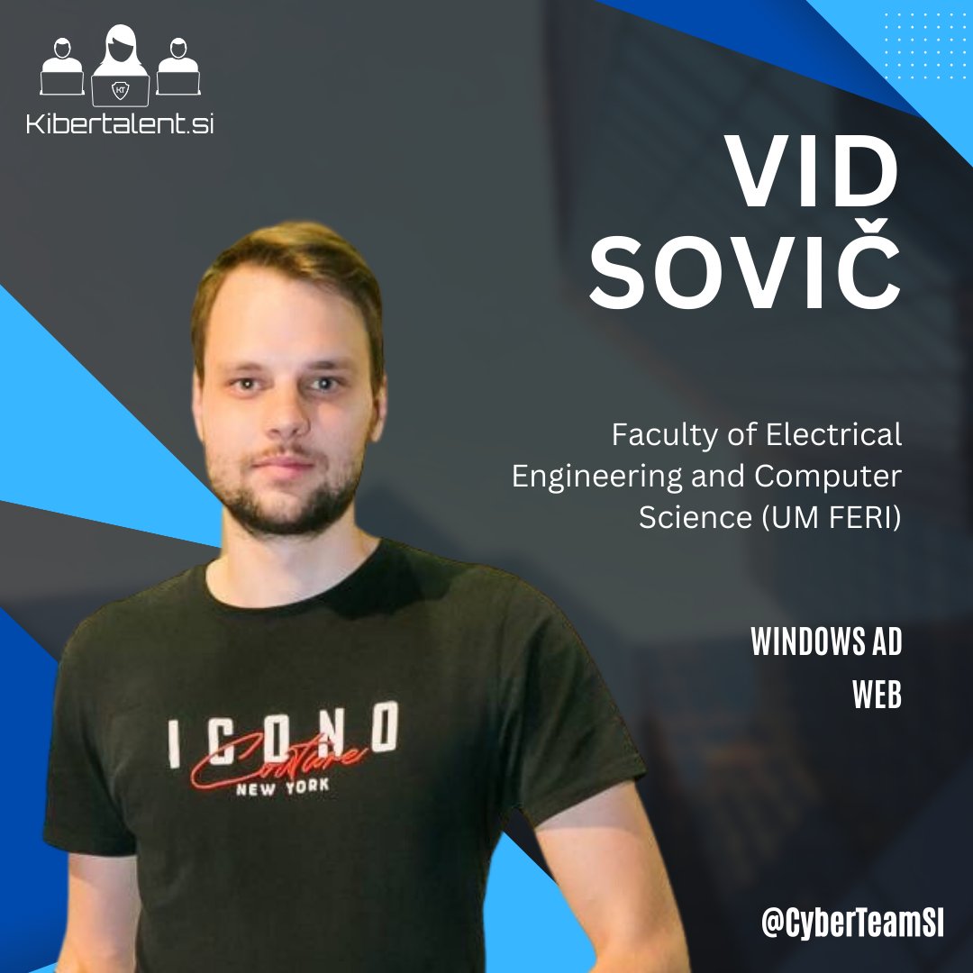 CyberTeamSI's tweet photo. Introducing Vid, our #WindowsAD and #web expert! The digital world is safer with him on our side! 🛡️
#Cybersecurity #infosecurity #ECSC https://t.co/h89OdqW9OU