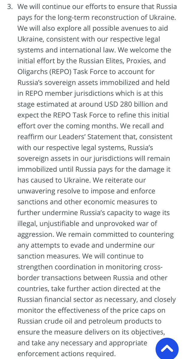 Un tema apasionante desde el punto de vista jurídico y que se debatirá hoy en ECOFIN: qué hacer con los activos congelados de Rusia en relación con sufragar los daños infligidos a Ucrania. ¿Se pueden utilizar sus rendimientos? Tema expuesto en el acuerdo del G7 (ver imagen).