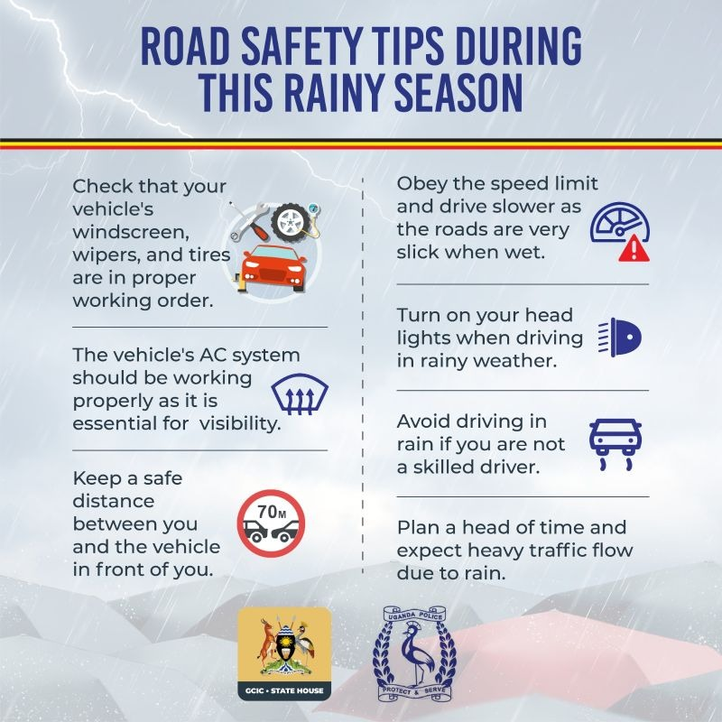 Driving in the rain can be threatening. 
➡️ Reduce speed. 
➡️Maintain a safe distance between you and the car in front, use air conditioning to prevent internal condensation.
➡️Ensure  tires, brakes, lights, and wipers are in good condition
#RoadSafety
#RoadsafetyUG