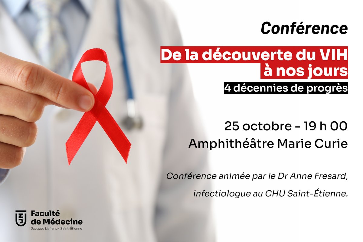 📢 Rejoignez-nous pour une conférence sur les 4 décennies de lutte contre le #VIH 🦠 Un aperçu inestimable des avancées dans le domaine de la santé sexuelle grâce à l'expertise @InfectiologieC @ChuSaintEtienne @Univ_St_Etienne 🤜Continuons la lutte ensemble !