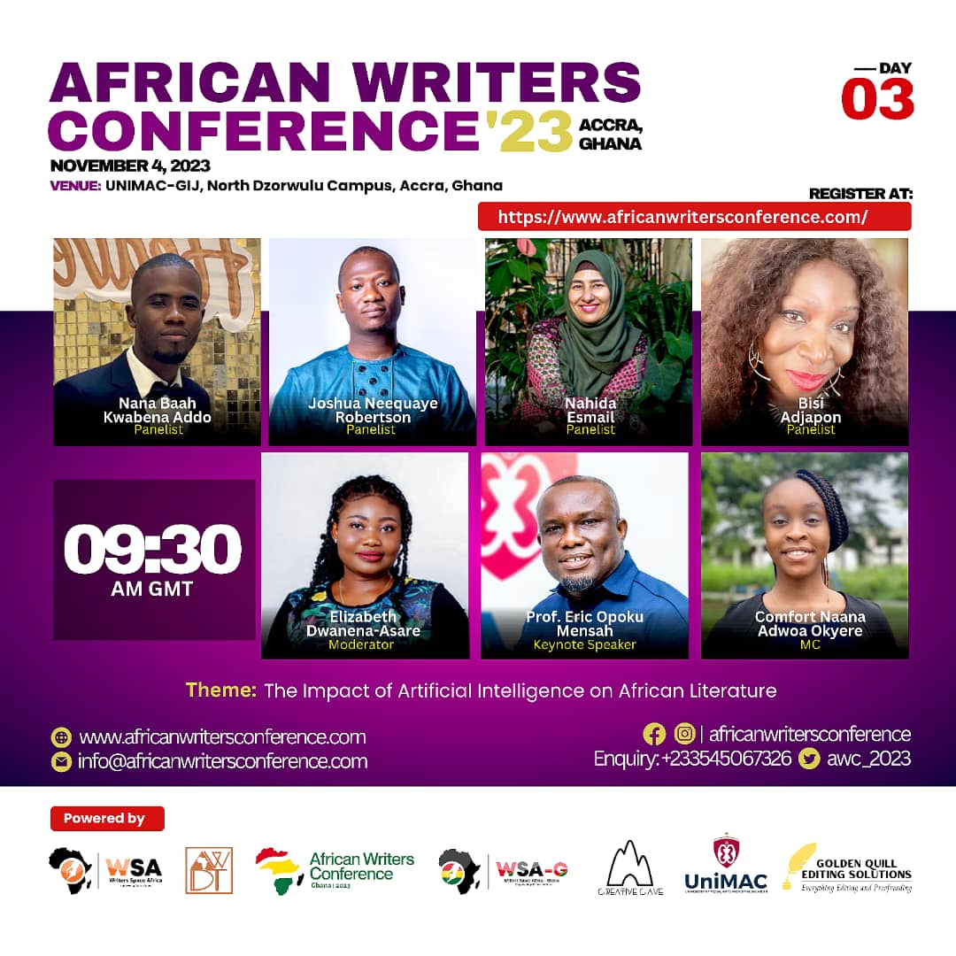 Day 3 of the AWC is happening at the North Dzorwulu Campus of UNIMAC-IJ (formerly GIJ). As part of the program, winners of the African Writers Awards will be announced. 

Register already if you haven't! africanwritersconference.com 

See you soon!

#awc2023 #countdowntoawc
