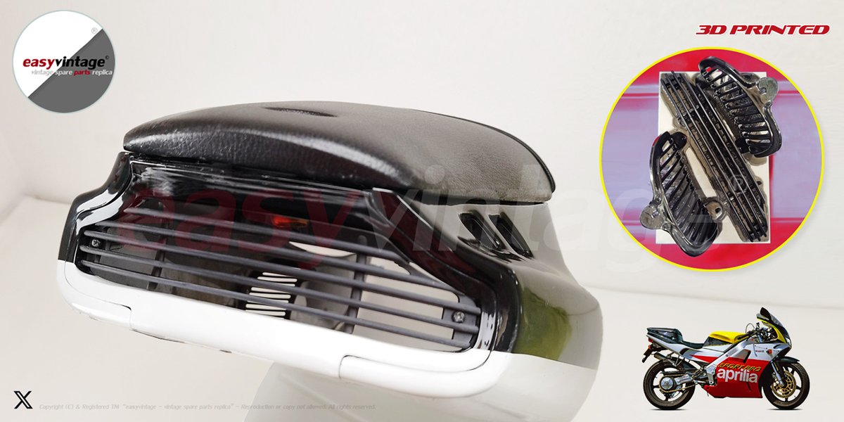 Our #ApriliaAF1 125 Sport Pro from 1992 needs nets for the rear fairing.
Starting from some images, #3Dscan of some broken and uncomplete old nets, we reconstructed the missing parts via #3Dmodeling and #3Dprinting  

💡Stay tuned: #AHistoryBeyondRust <a href="/easyvintagepart/">easyvintage</a>  👁️