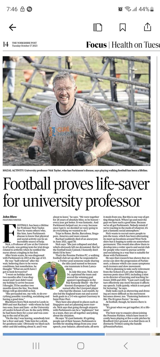 Nick Taylor (@uolnicktaylor) on Twitter photo Do what you, whilst you can. Perhaps even join <a href="/PennineParkies/">Pennine Parkies FC</a> or your local walking football team. If there isn't one specifically related to PD then why not start one? Thanks to <a href="/yorkshirepost/">The Yorkshire Post</a> Do what you, whilst you can. Perhaps even join <a href="/PennineParkies/">Pennine Parkies FC</a> or your local walking football team. If there isn't one specifically related to PD then why not start one? Thanks to <a href="/yorkshirepost/">The Yorkshire Post</a>