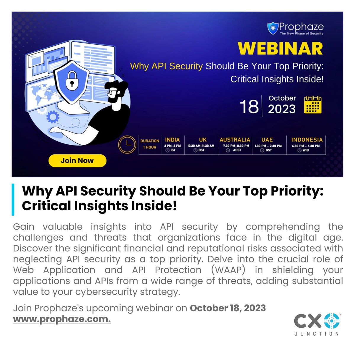#industrynews #webinar 

Join @prophaze webinar on 'Why API Security Should Be Your Top Priority: Critical Insights Inside! on 18th October, 2023 at 03:00 PM [IST]

👉Register Now: landing.prophaze.com/live-webinar-2…

#cybersecurity #apisecurity #apiprotection #CXOJunction #registernow
