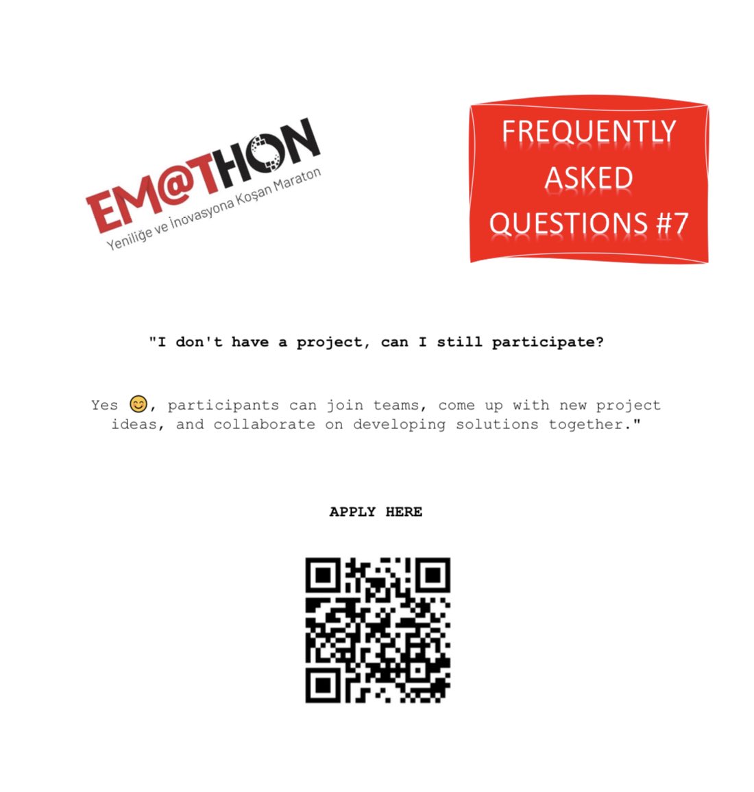 Sıkça Sorulan Sorular 7 (FAQ 7)

Projem yok, ben de katılabilir miyim? 

I don't have a project, can I still participate?

Ayrıntılar için 👉🏻 eacem.org
Details 👉🏻 eacem.org/en

#EACEM2023 #AcilHayattır #EmergencyIsLife #TATDUS <a href="/tatdkongre/">TATD KONGRE</a>
<a href="/tatdus/">Илдус Айсин</a> <a href="/TrTATD/">Türkiye Acil Tıp Derneği - TATD (EMAT)</a>