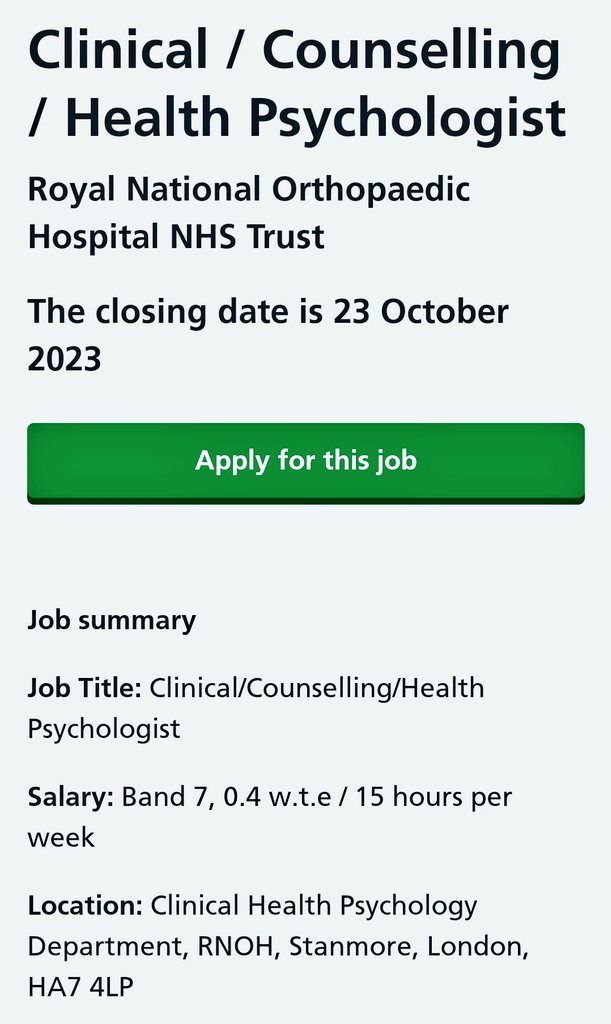 🚨 JOB ALERT 🚨
Band 7 PT Clinical Counselling Health #Psychologist @RNOHnhs

beta.jobs.nhs.uk/candidate/joba…

<a href="/BPSOfficial/">British Psychological Society</a> <a href="/divhealthpsych/">BPS DHP</a> <a href="/BPSDHP_EDI/">BPS DHP Equality, Diversity & Inclusion Taskforce</a>