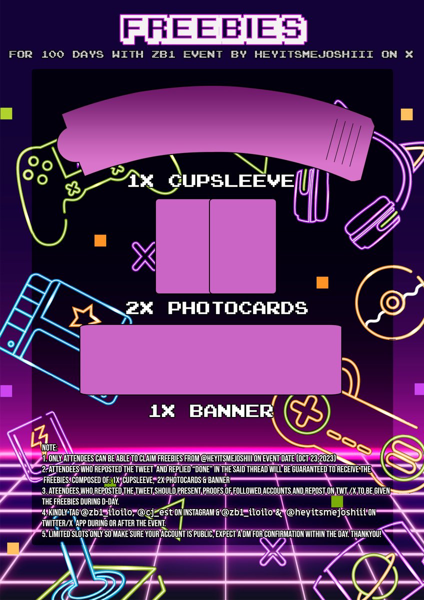 [‼️👾🎮🕹️]
RETWEET EVENT BY <a href="/Heyitsmejoshiii/">Josh |</a> 

Freebies on 100DAYS WITH ZB1 for those who will follow me on my socials and ZB1 ILOILO socials.

My Socials:
X: heyitsmejoshiii
IG: cj_est

ZB1 Iloilo Socials:
X: <a href="/zb1_iloilo/">ZEROBASEONE (ZB1) Iloilo</a>
IG: <a href="/zb1_iloilo/">ZEROBASEONE (ZB1) Iloilo</a> 

Terms and Conditions on Photo below‼️‼️